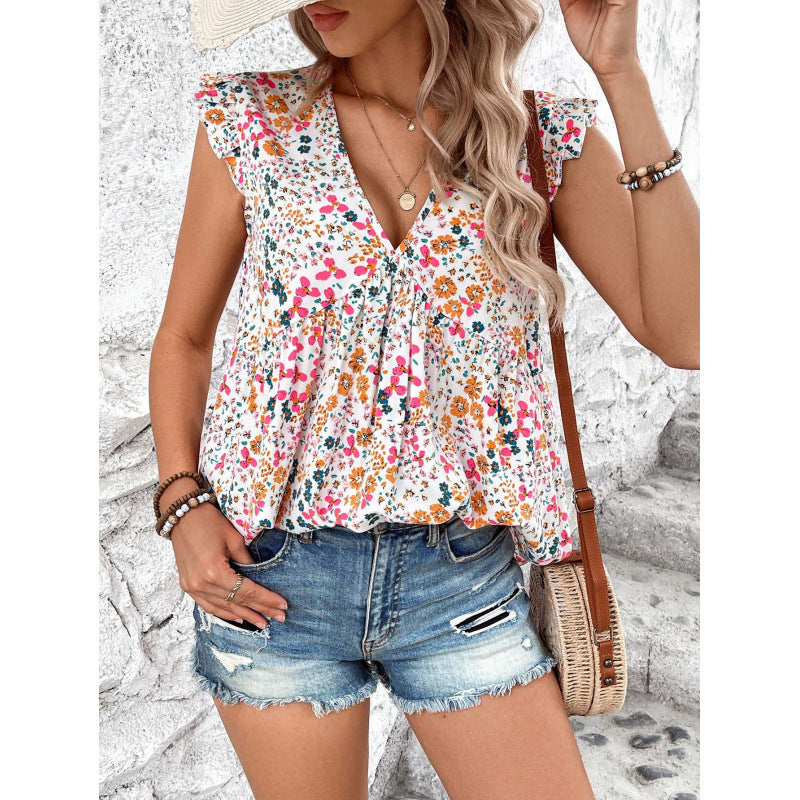 Dame bluse skjorte med blomsterdesign og V-hals Skjora