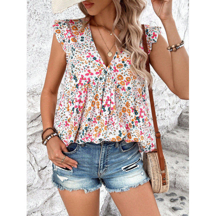 Dame bluse skjorte med blomsterdesign og V-hals Skjora