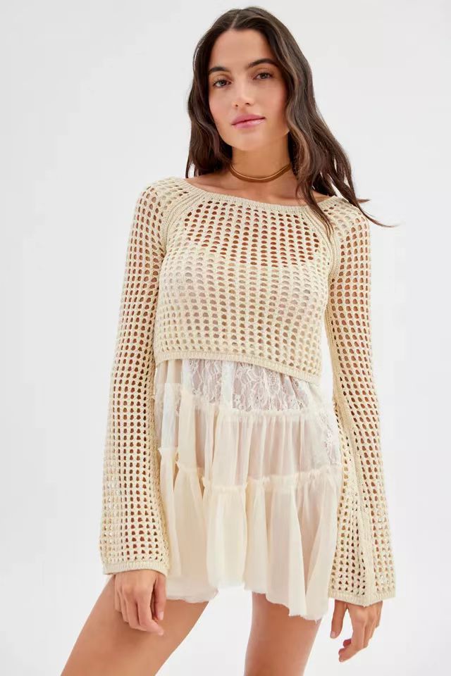 Damer heklet Crop-Top med vide ermer og fargerike striper Skjora