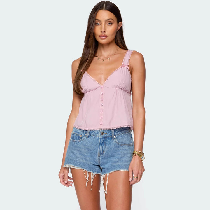 Damen Crop-Top aus feiner Baumwolle mit dekorativen Knopfdetails Skjora