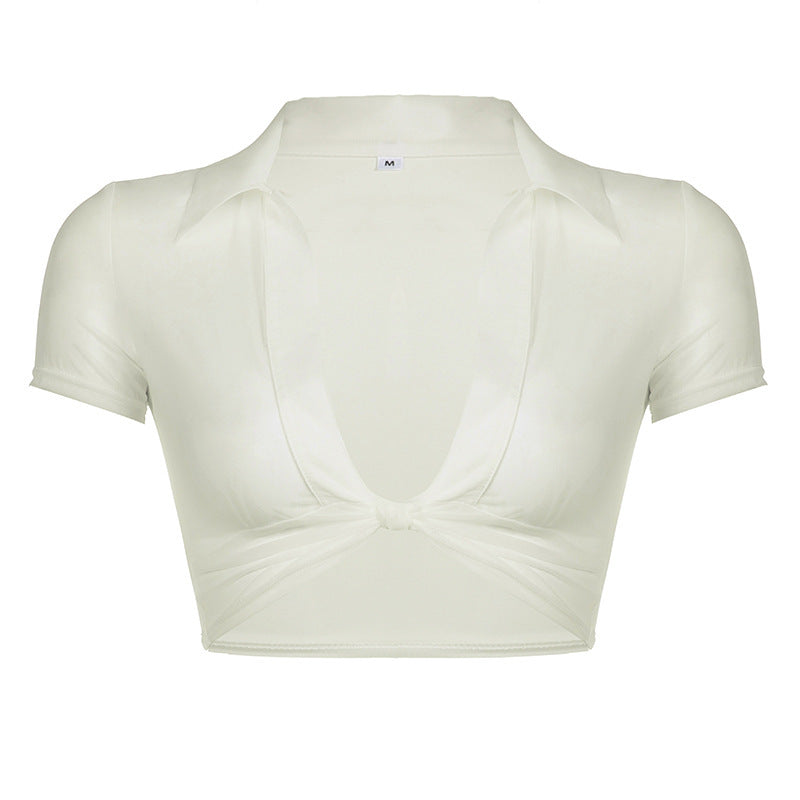 Damer Moderne cropped Bluse med dyp V-hals og leken knute Skjora