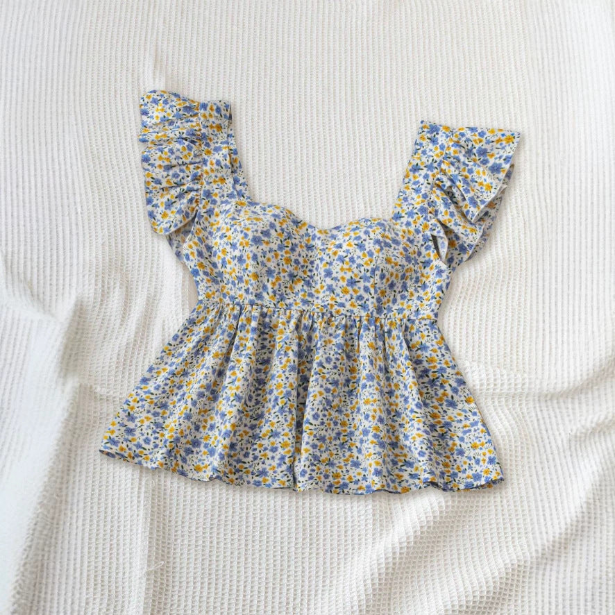 Dame blomst Bluse med rufsedetaljer og flytende snitt Skjora