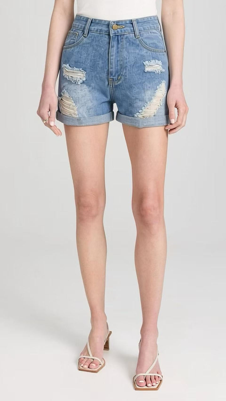 Dame Destroyed Denim-shorts med høy midje og stilige frynser-look Skjora