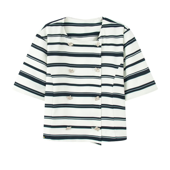 Dame stripete blazer- og shorts-sett med elegante knappdetaljer Skjora