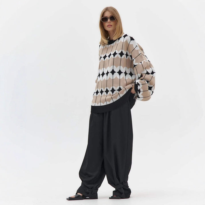 Kvinne Mønstret Oversized Genser med Voluminøse Ermer og Elastiske Mansjetter Skjora