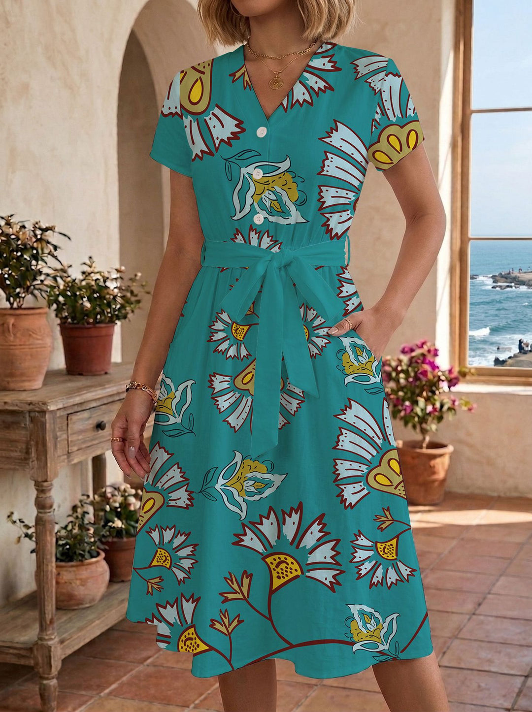 Damen Sommerliches Kleid mit taillierbarem Bindegürtel und floralem Muster Skjora