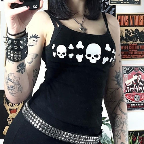 Dame tanktop med iøynefallende hodeskalle-design Skjora