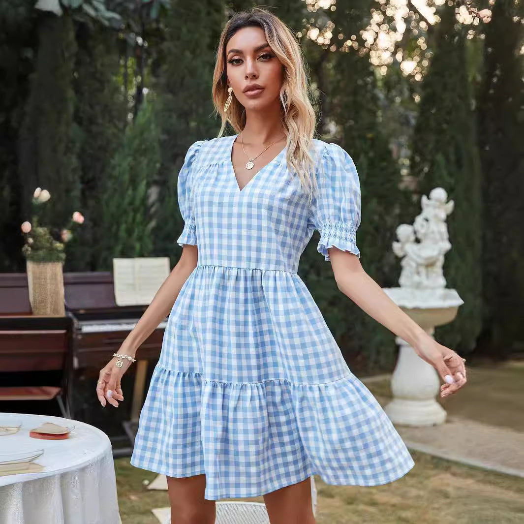 Dame Gingham-kjole med volanger og pufferm WS