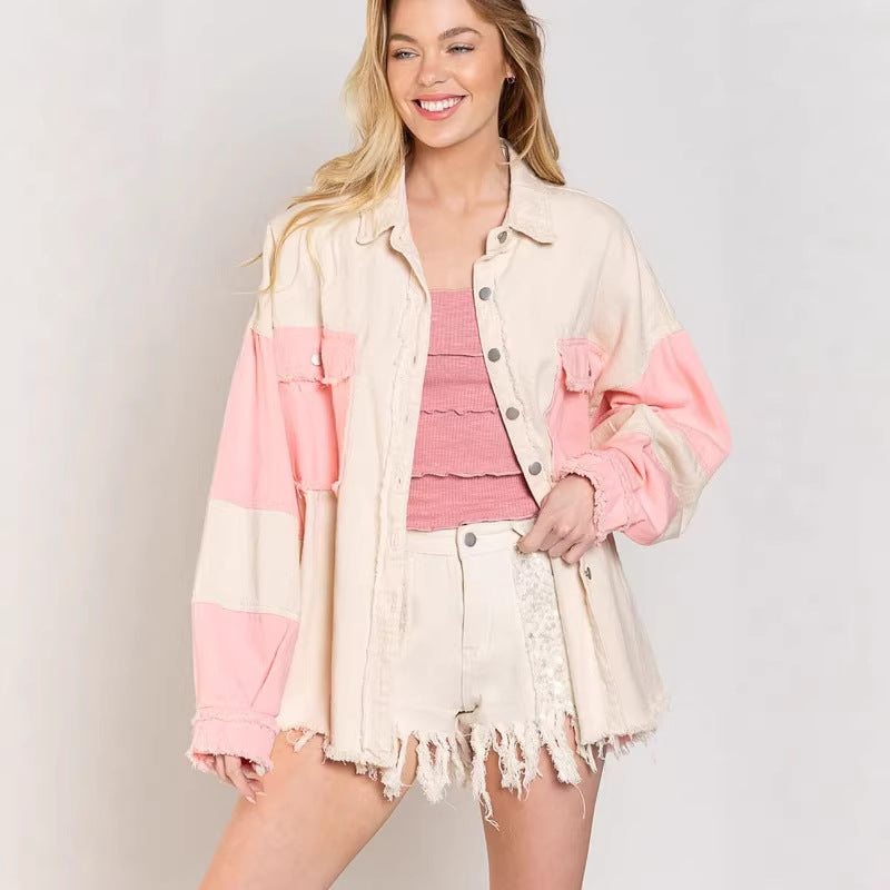 Kvinne Oversized Denim Jakke med Unike Fargeblokker og Fringed Detaljer Skjora