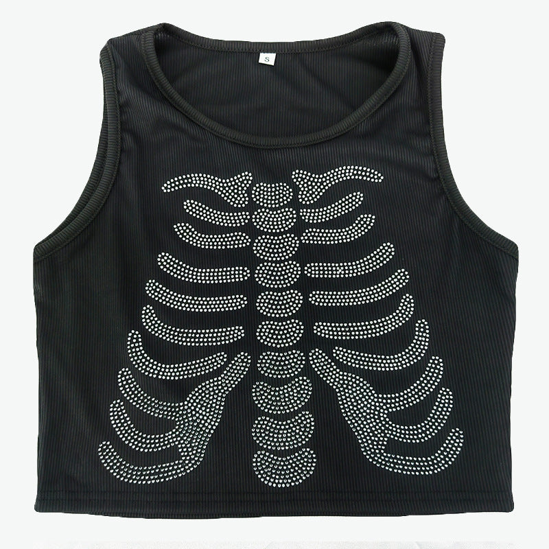 Dame tanktop med kreativt skjelettdesign og glitrende steiner Skjora