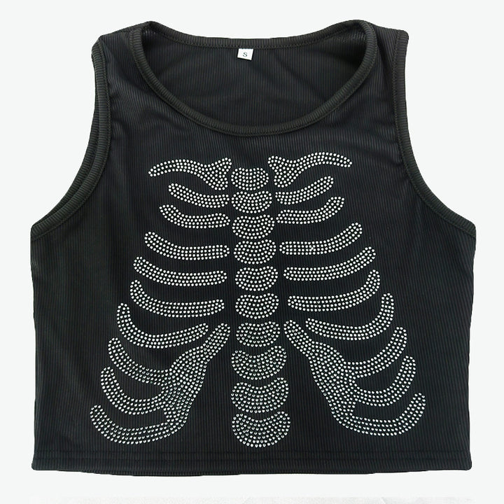 Dame tanktop med kreativt skjelettdesign og glitrende steiner Skjora