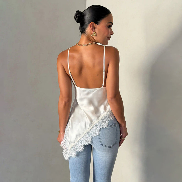 Dame Satin Top med blonderdetaljer Skjora