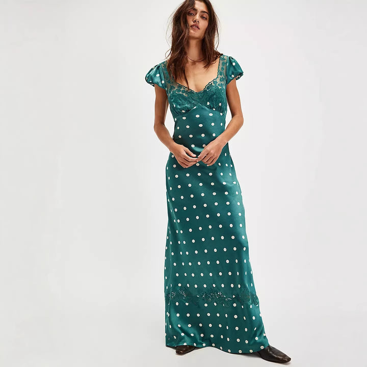 Damen Elegantes Maxikleid mit Polka-Dots und romantischem Rückenausschnitt Skjora