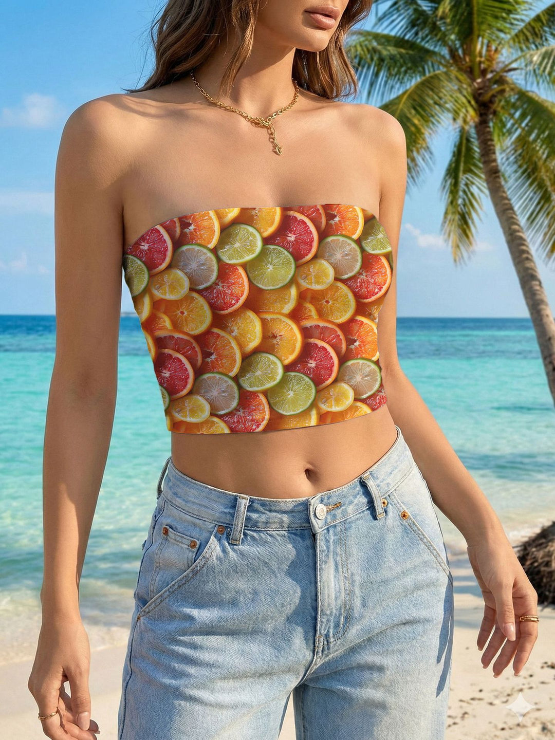 Damer bandeau-top med blomsterfuglmotiv og elastisk passform Skjora