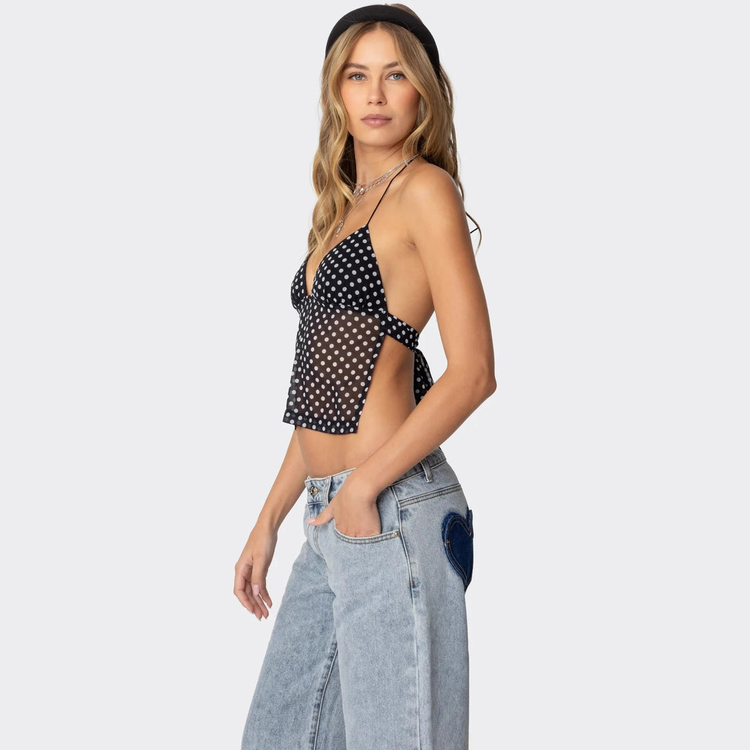 Dame Polka Dot Top med delikate stropper og figurtilpasset snitt Skjora