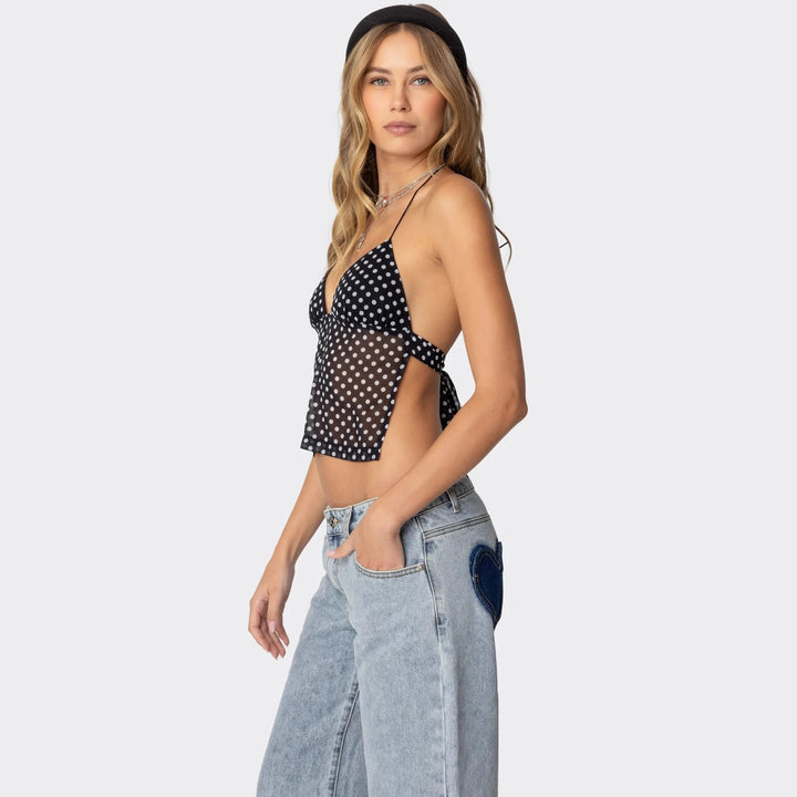Dame Polka Dot Top med delikate stropper og figurtilpasset snitt Skjora