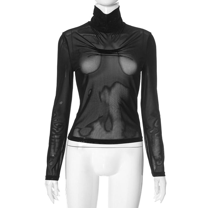 Dame trendy, gjennomsiktig longsleeve-overdel med ståkrage og designfolder Skjora