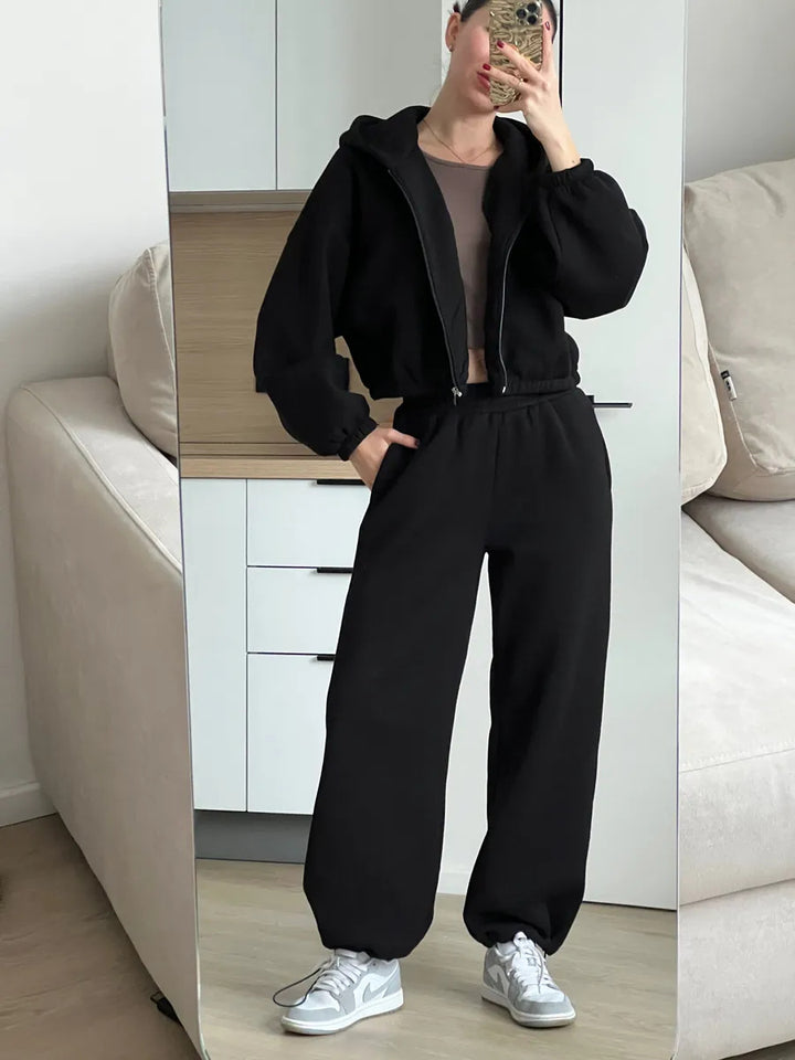 Dame casual cropped fleece jakke med høy midje joggebukser Skjora