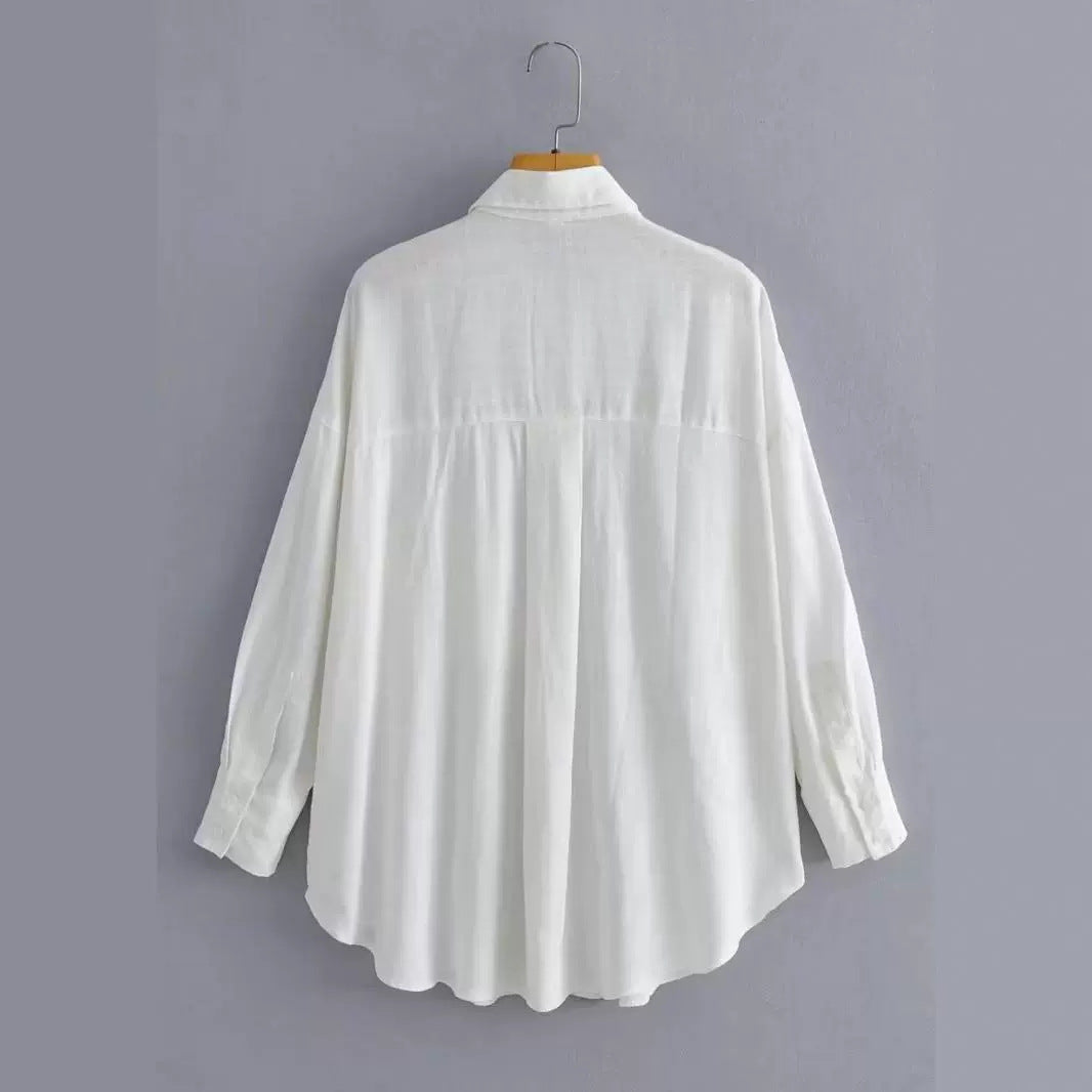 Kvinne Casual Oversized Skjorte Bluse med Brystlomme og Subtil Struktur Skjora