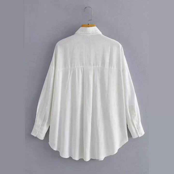 Kvinne Casual Oversized Skjorte Bluse med Brystlomme og Subtil Struktur Skjora