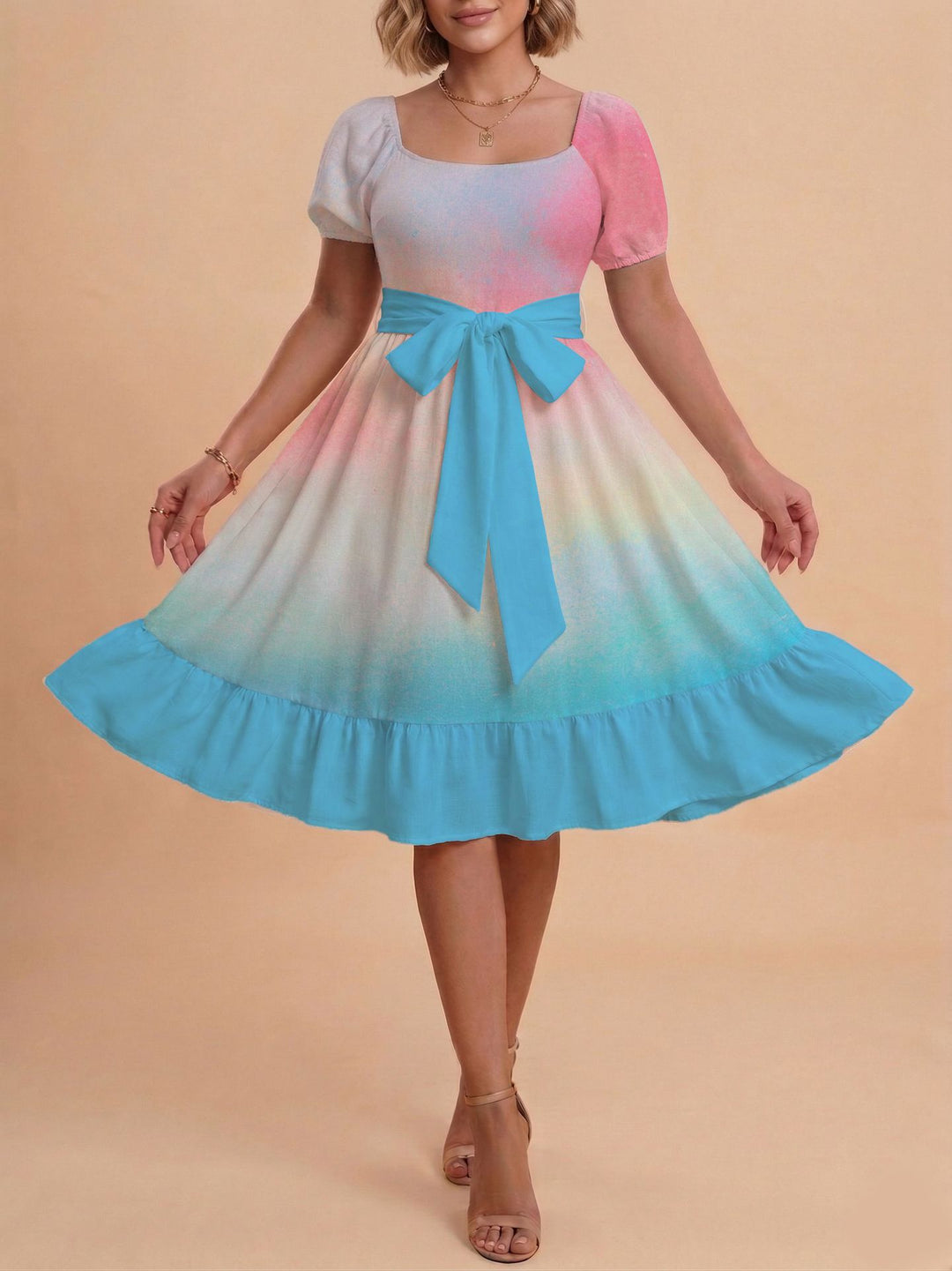 Damen Retro Maxikleid mit Puffärmeln und Taillengürtel Skjora