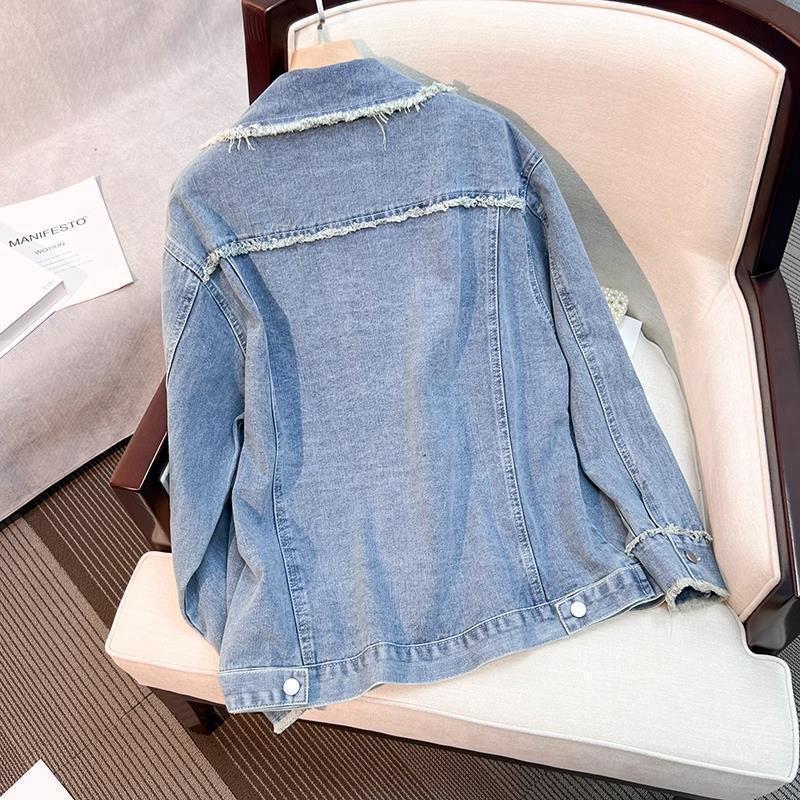 Dame moteriktige denimjakke med frynse detaljer Skjora