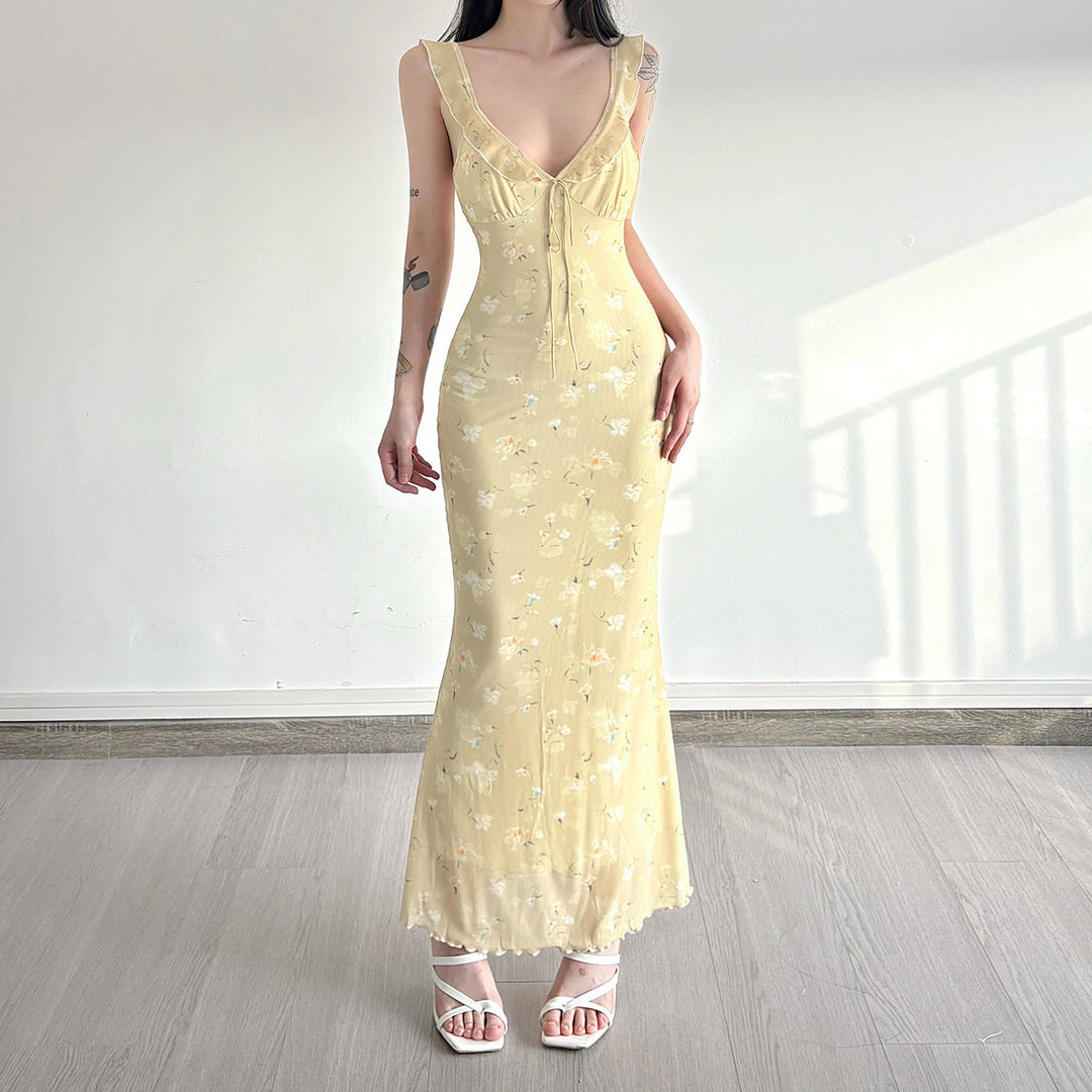 Dame maxikjole med blomstermønster og justerbare stropper Skjora