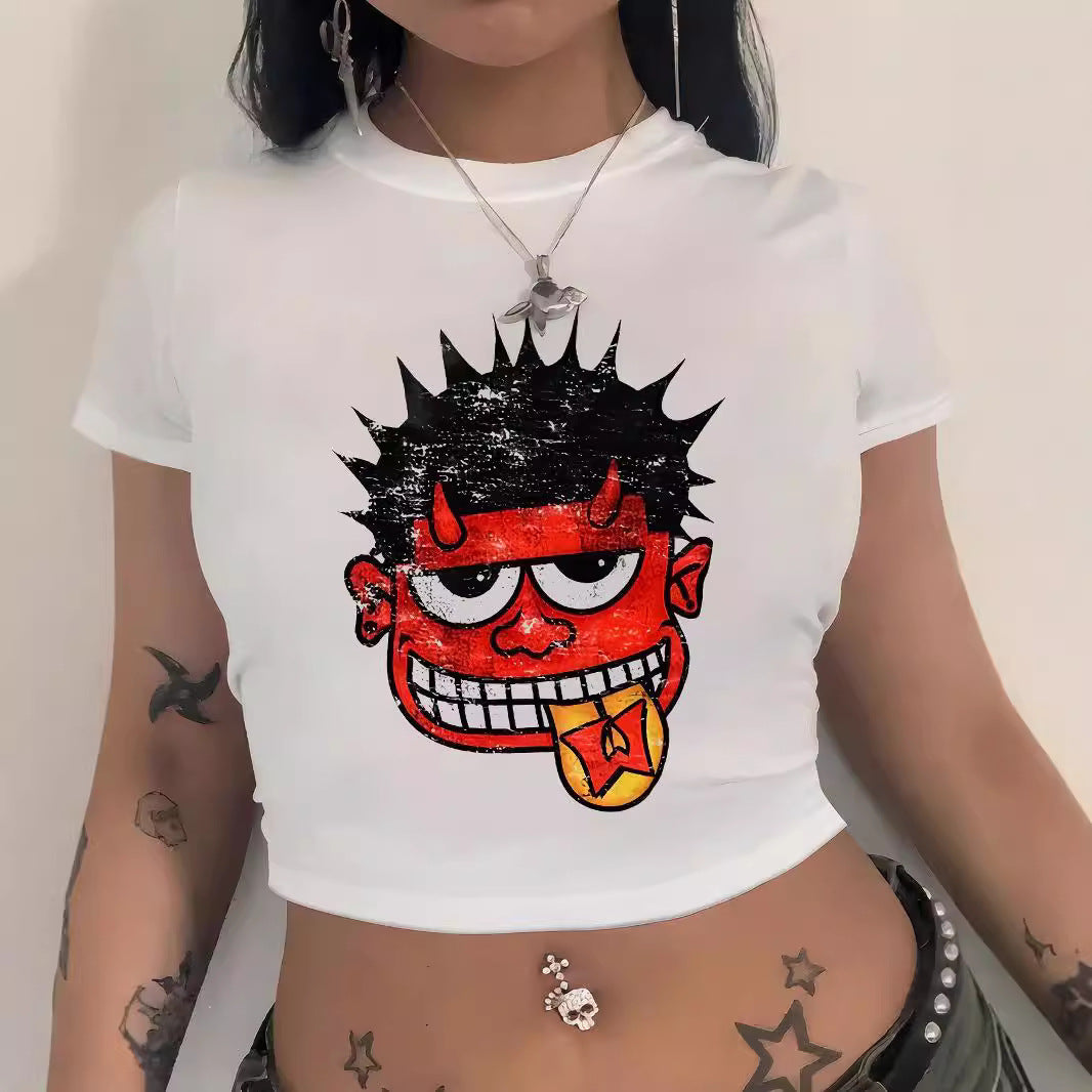 Dame Crop-T-skjorte med kreativ nostalgi-trykk og avslappet snitt Skjora