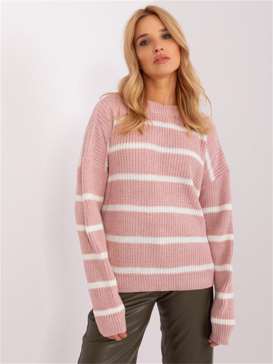 Kvinnes chunky strikkegenser med uformelt stripemønster og rund hals Skjora