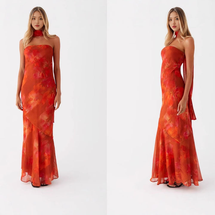Damer Elegant Langermet Kveldsdrakt i Blomsterdesign Skjora