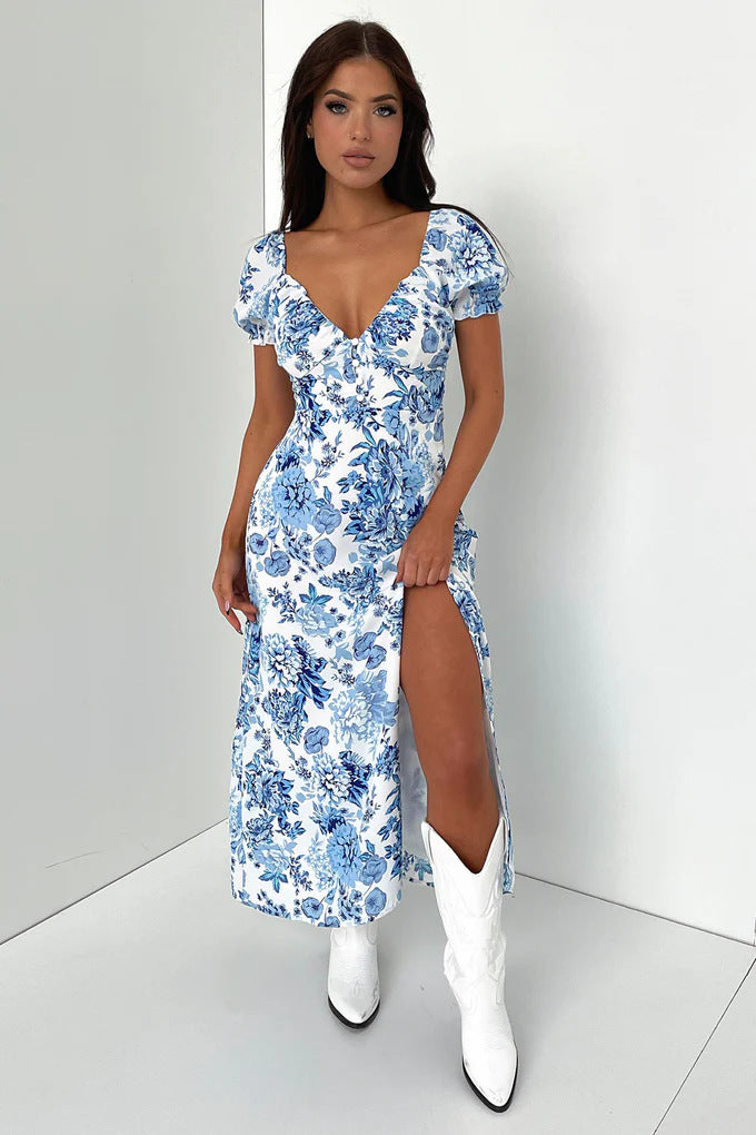 Dame Sommerlig Maxi-kjole med blomsterdesign og elegant splitt Skjora