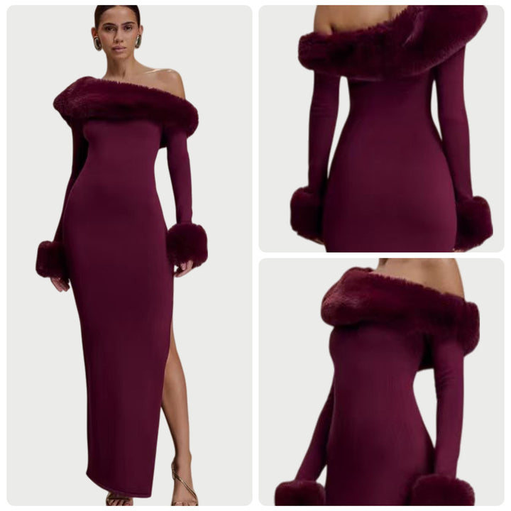 Dame langermet maxikjole med off-shoulder-look og elegante pelsdetaljer