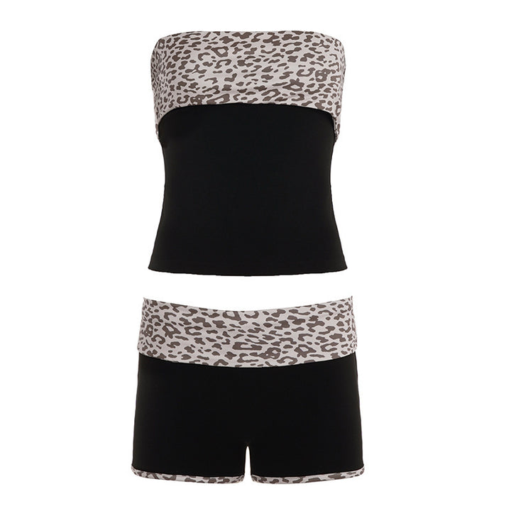 Dame Bandeau-bikini-sett med moteriktig leopardmønster og behagelige shorts Skjora