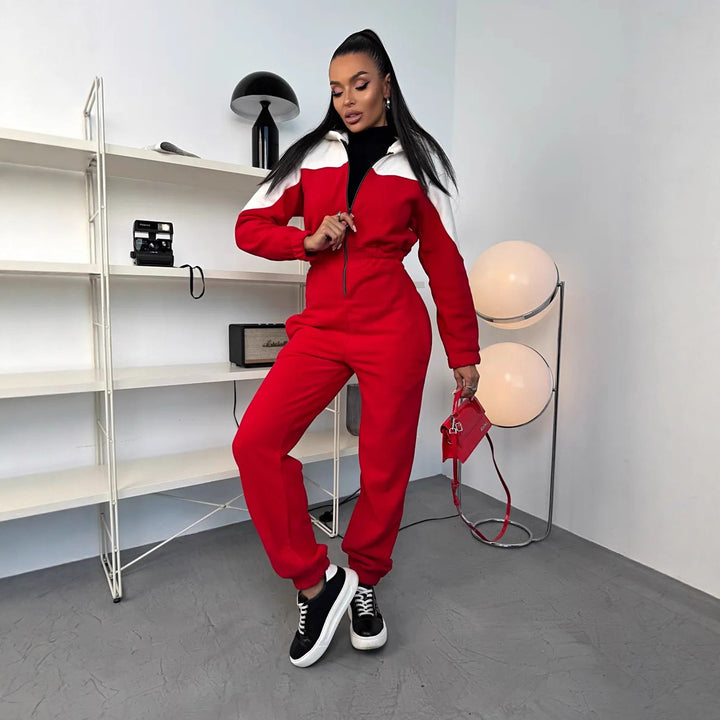 Kvinnes Casual Fleece Overall med Elegant Glidelås og Hette Skjora