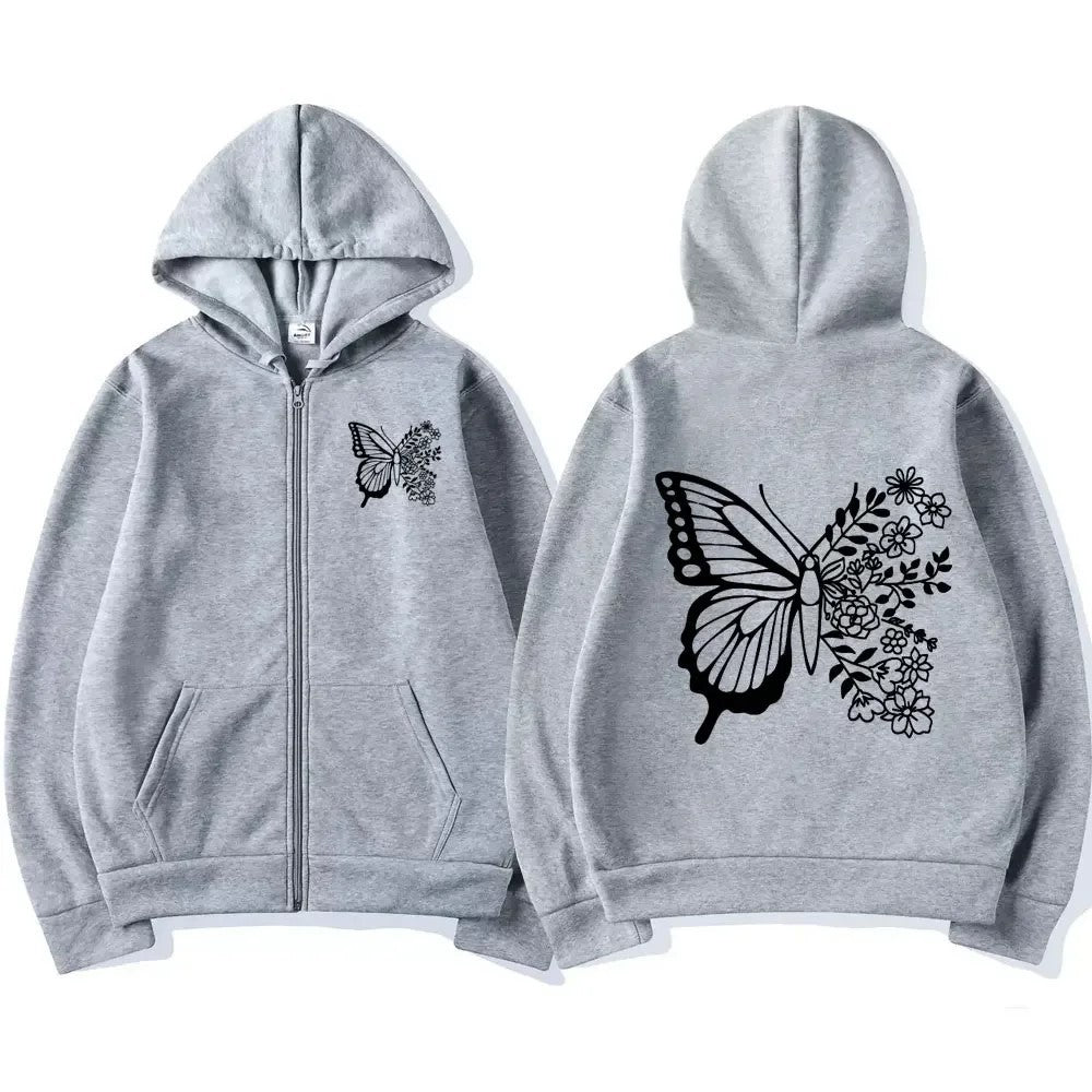 Dame hoodie med blomster sommerfuglmotiv og praktisk kengurulomme Skjora