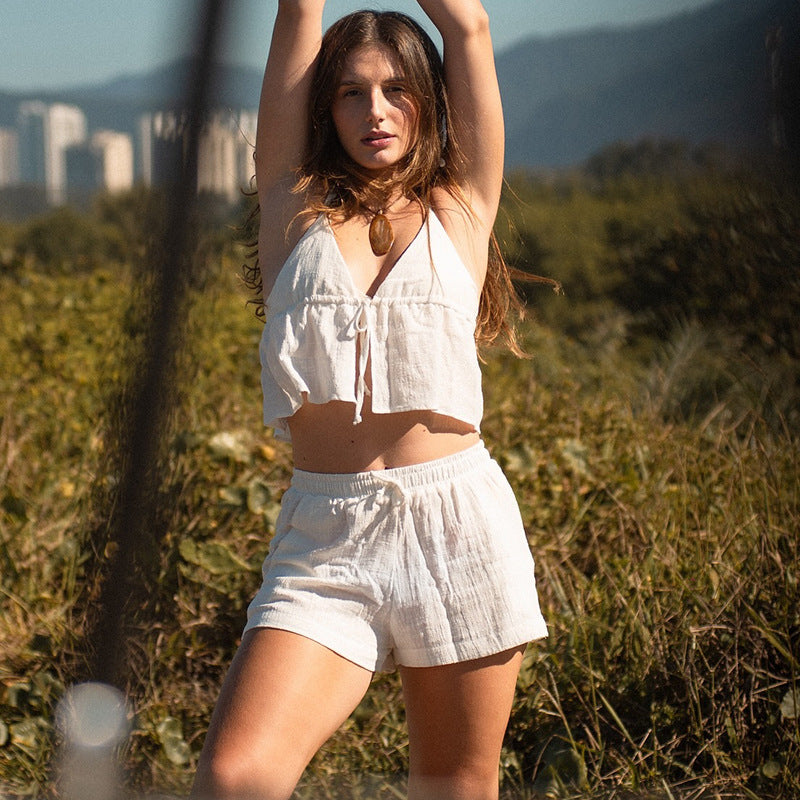 Dame elegant halter-top med fremragende rynkning og korte shorts Skjora