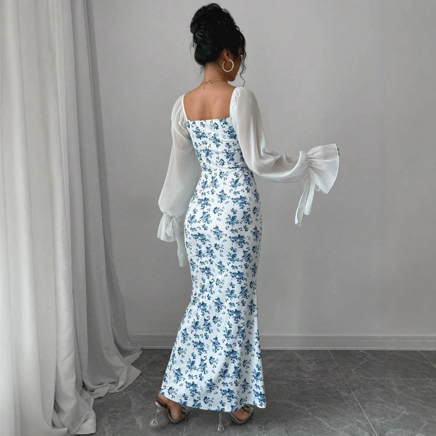 Dame Maxikjole med blomstertrykk og elegant chiffonoverdel Skjora