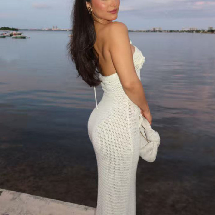 Damen Häkel-Maxikleid mit floralem Ausschnitt Skjora