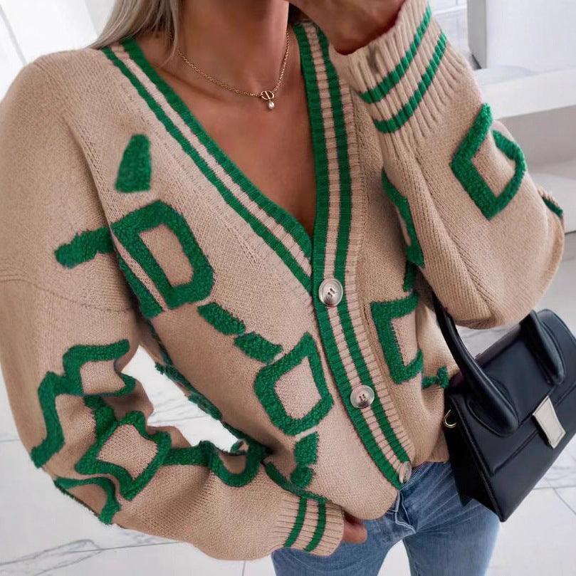 Kvinnens stilige cardigan med unikt geometrisk mønster og trendy knappestolpe Skjora