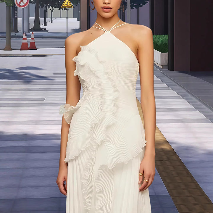 Women's Elegant Wrapped Dress with Flowing Pleated Skirt and Asymmetrical Ruffle Details