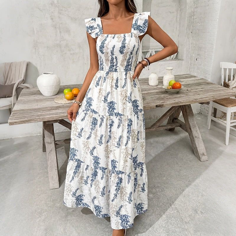 Dame Elegant Maxi Kjole med blomstertrykk og off-shoulder volangærmer Skjora