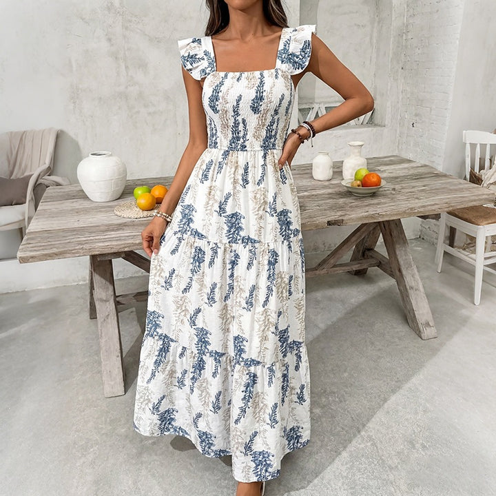 Dame Elegant Maxi Kjole med blomstertrykk og off-shoulder volangærmer Skjora