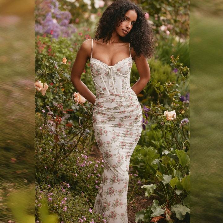 Damer Elegant Maxi Kjole med Blonde Korsett og Blomstertrykk Skjora