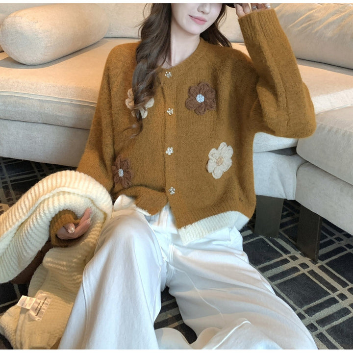 Damer Cozy Cardigan med Blomst Applikasjoner Skjora