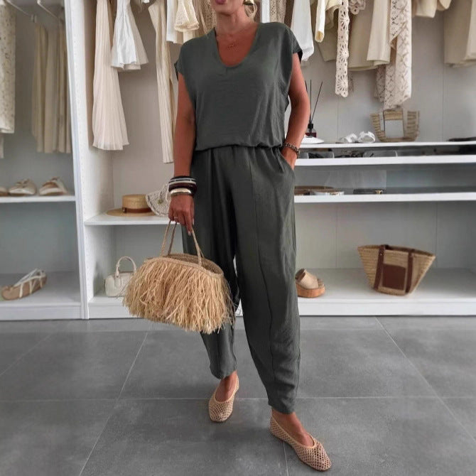 Dame Casual Jumpsuit med Elastisk Midjebånd og Lommer Skjora