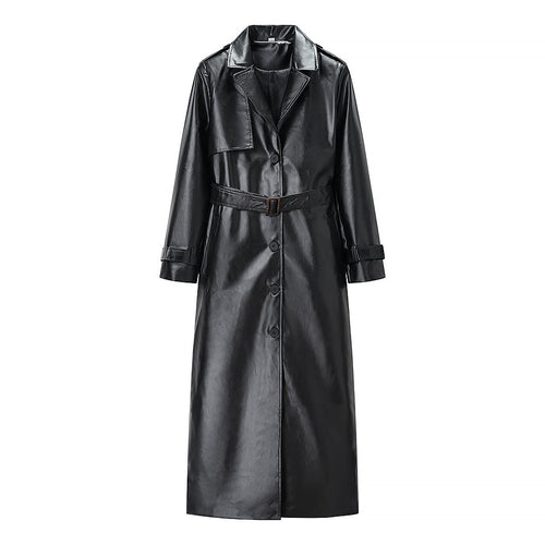 Kvinners elegant faux skinn trenchcoat med stilfull belte og praktiske lommer Skjora