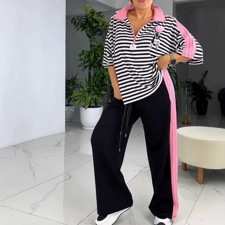 Dame fritidssett med stripete topp og komfortable joggebukser Skjora
