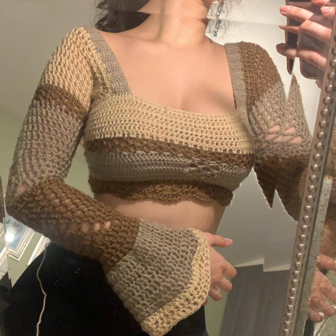 Damer heklede Crop-Top med lange ermer og uvanlig kant Skjora