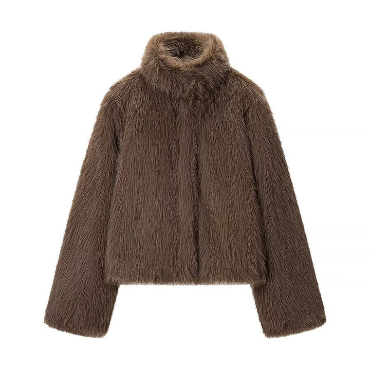 Kvinnens Cozy Plush Jakke med Høy Krage og Løs Passform Skjora