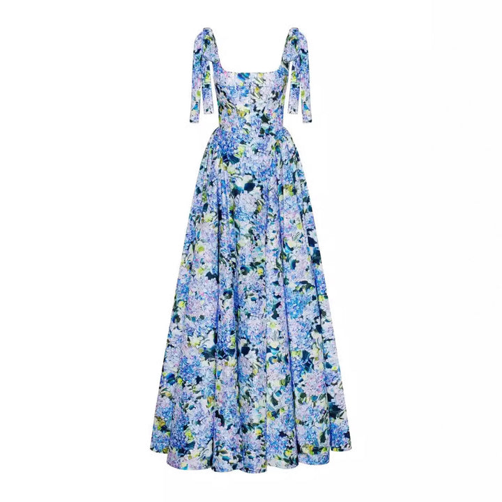 Kvinnelig Elegant Maxi Kjole med Av-Shoulder Stropper og Blomstertrykk